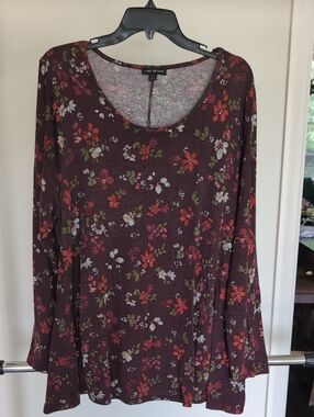 Lane Bryant Wine Floral Long Sleeve Scoop Neck Top